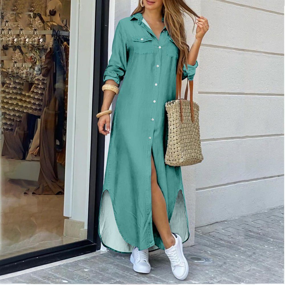 Fashion Long Sleeve Candy Color Lapel Dresses