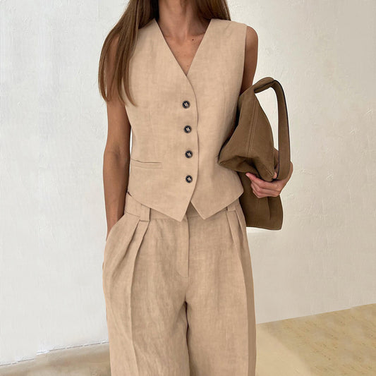 Women's Color Cotton Linen Commuter Trousers Two-piece Suits