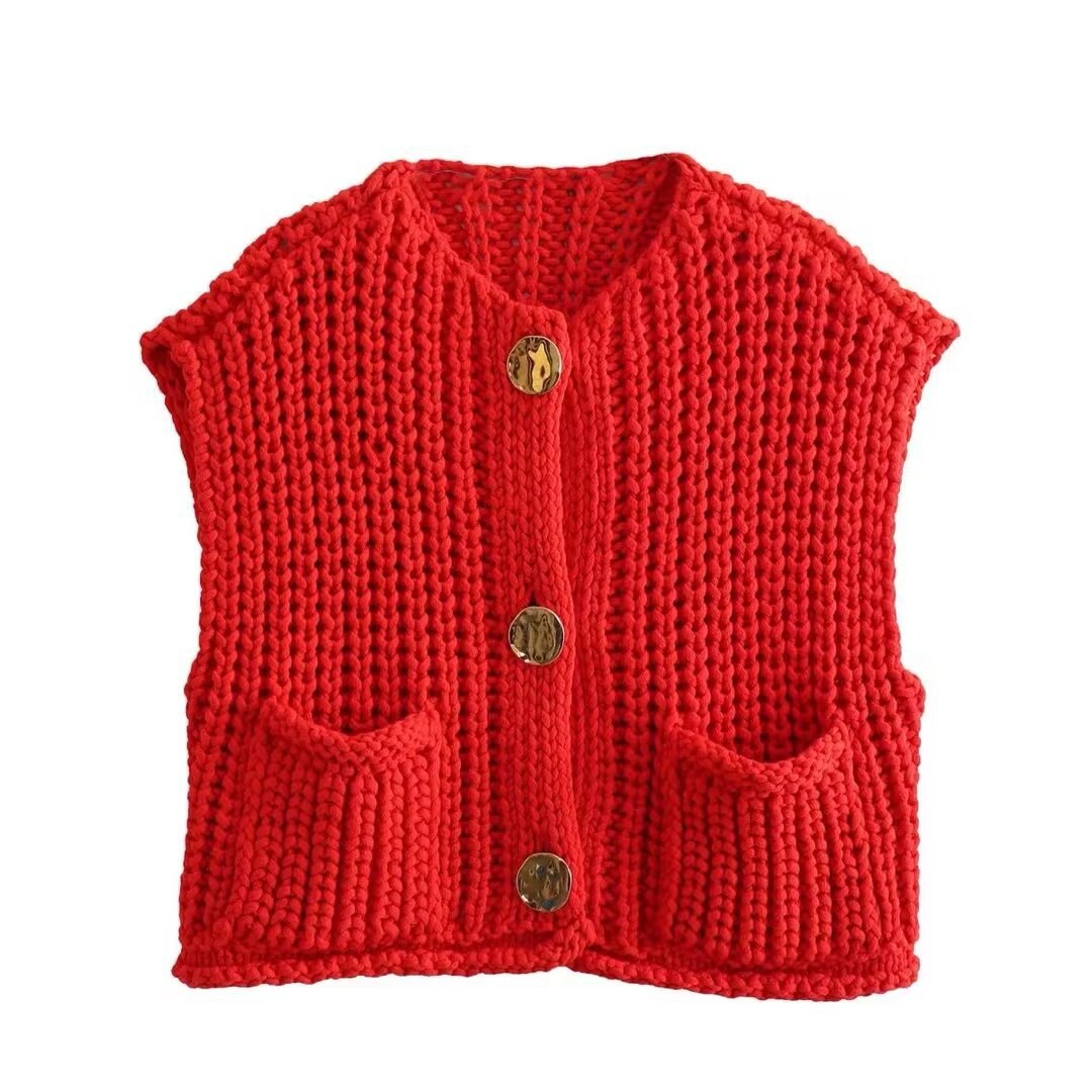 Women's Solid Color Large Pocket Sleeveless Knitted Knitwear