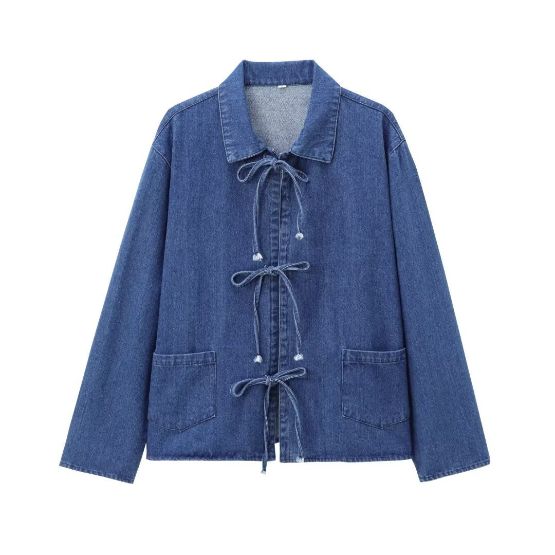 Women's Bowknot Decoration Long Sleeve Pocket Washed Jackets