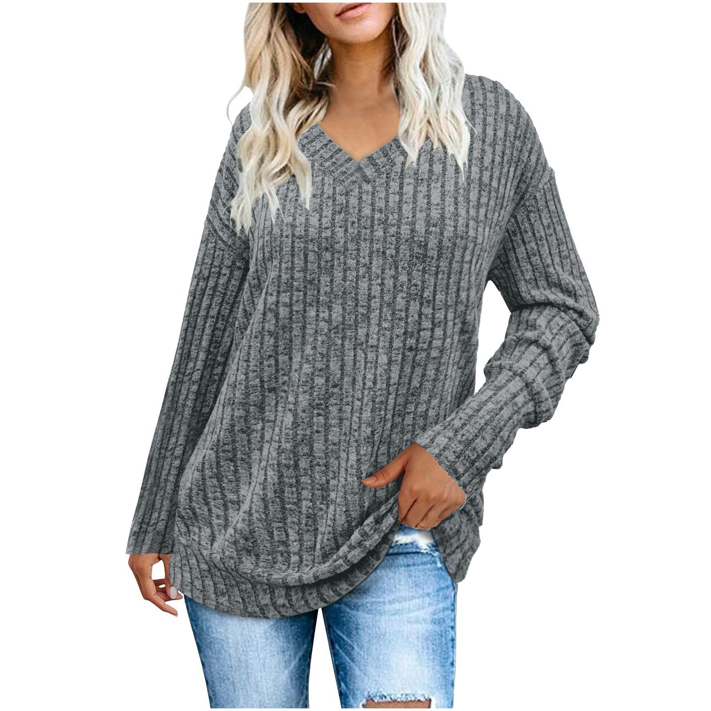 Women's Sleeve Long Sunken Stripe Brushed Fashionable Knitwear