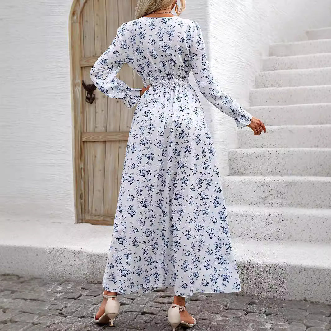 Robe longue imprimée à manches longues pour femme, mode automne