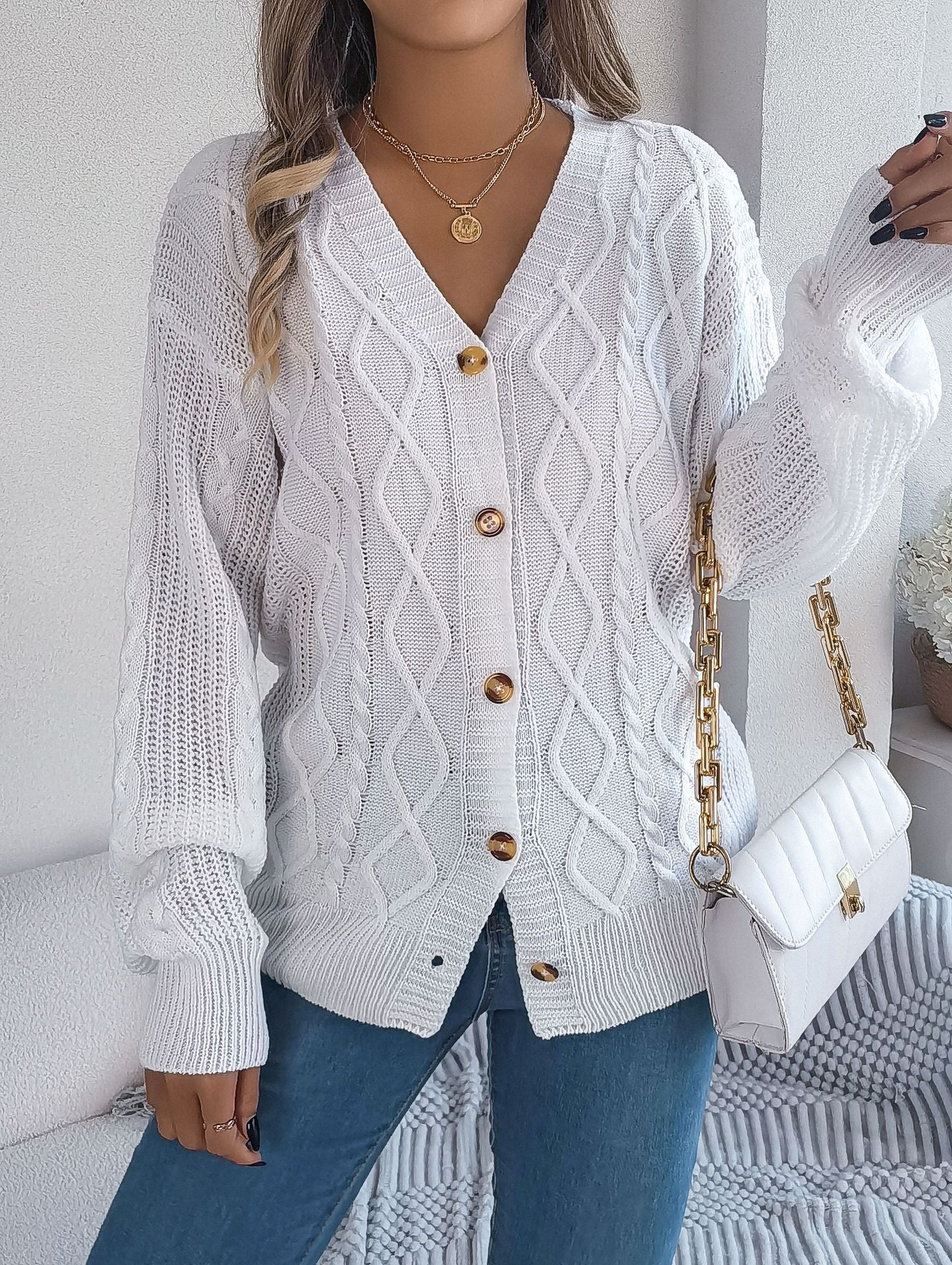 Women's Casual Lantern Sleeve Twist Button Cardigans