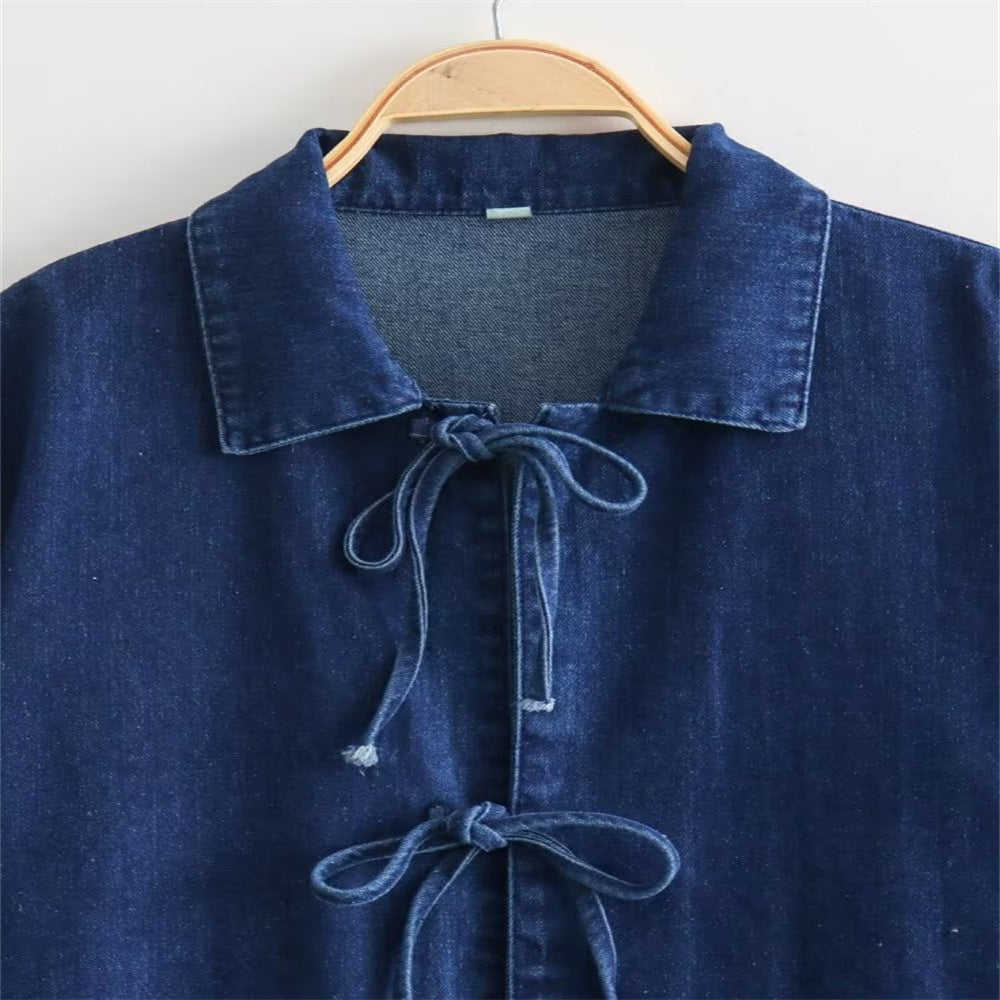 Women's Bowknot Decoration Long Sleeve Pocket Washed Jackets