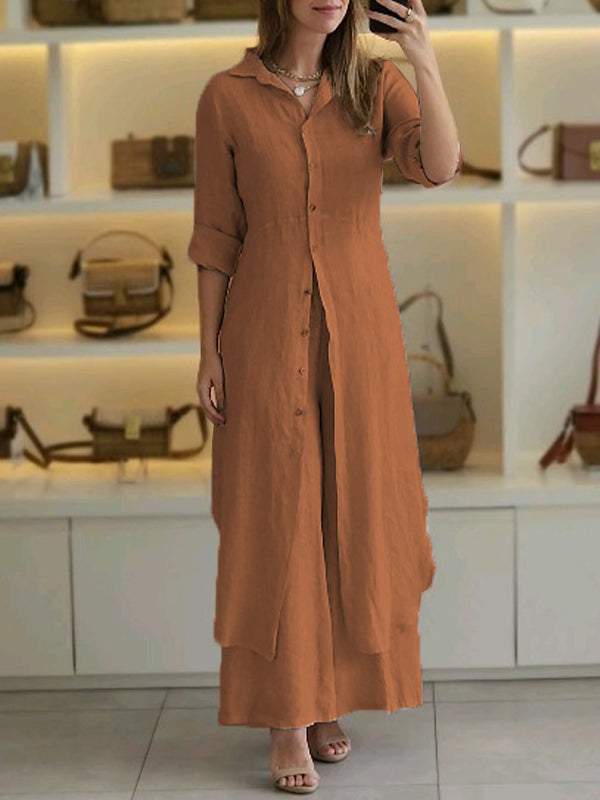 Elegant Cotton Linen Tight Waist Long Shirt Pants