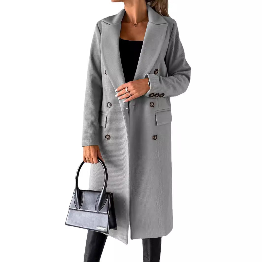 Women's Woolen Solid Color Long Sleeve Double Coats