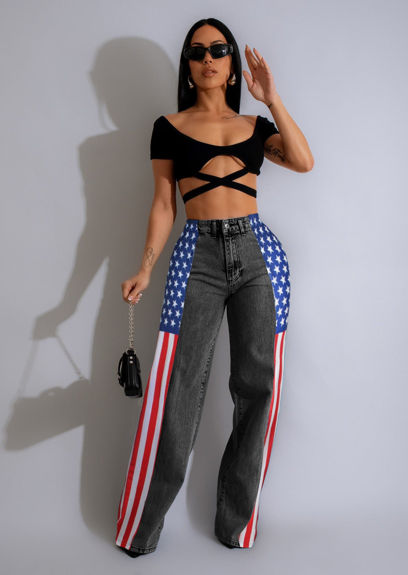 Women's Flag Print Stretchy Denim Trousers Casual Jeans