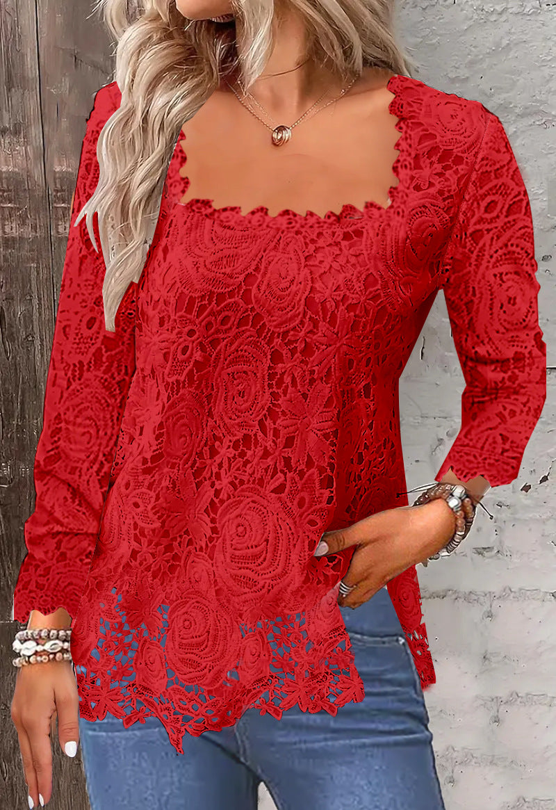 Square Collar Lace Bottoming Shirt Long Blouses