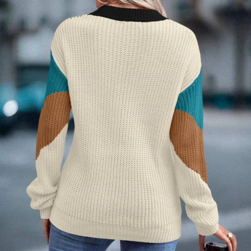 Women's Contrast Color Round Neck Pullover Stripe Sweaters