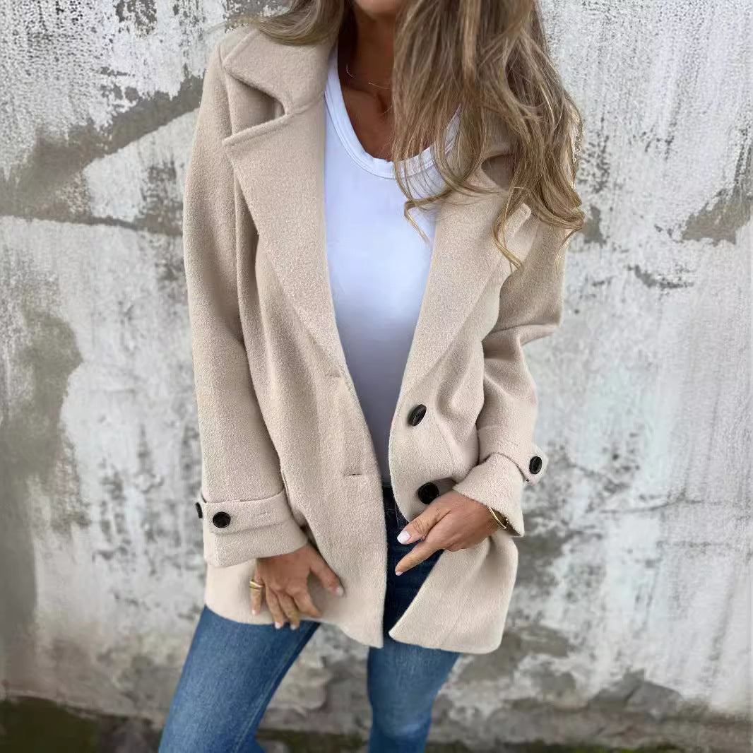 Women's Woolen Casual Loose Lapels Faux Pocket Coats