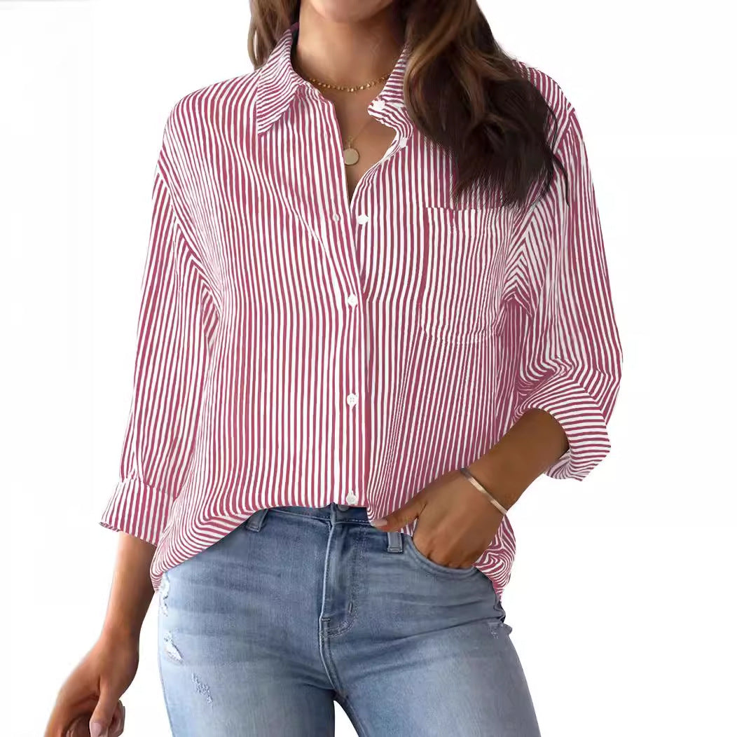 Women's For With Pocket Loose Striped Classic Long Blouses