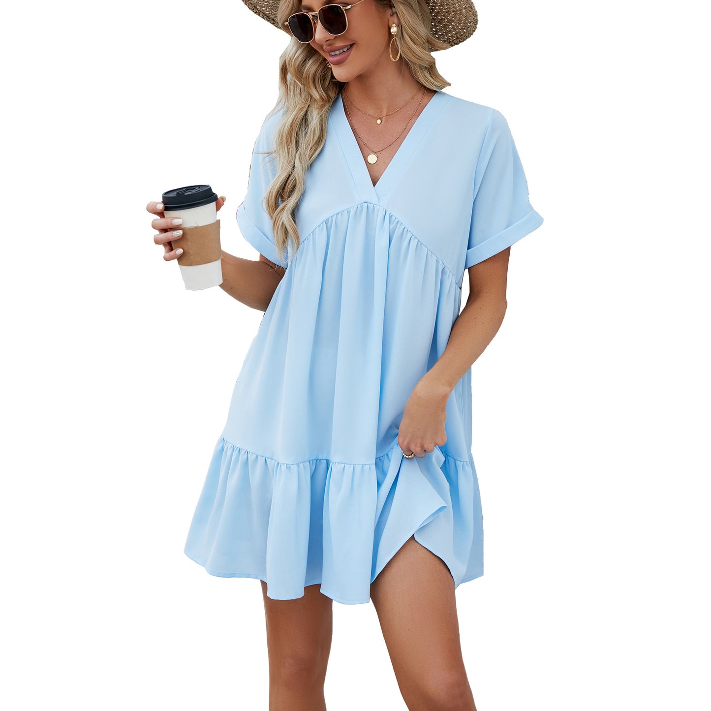 Robe ample plissée de couleur unie pour femme