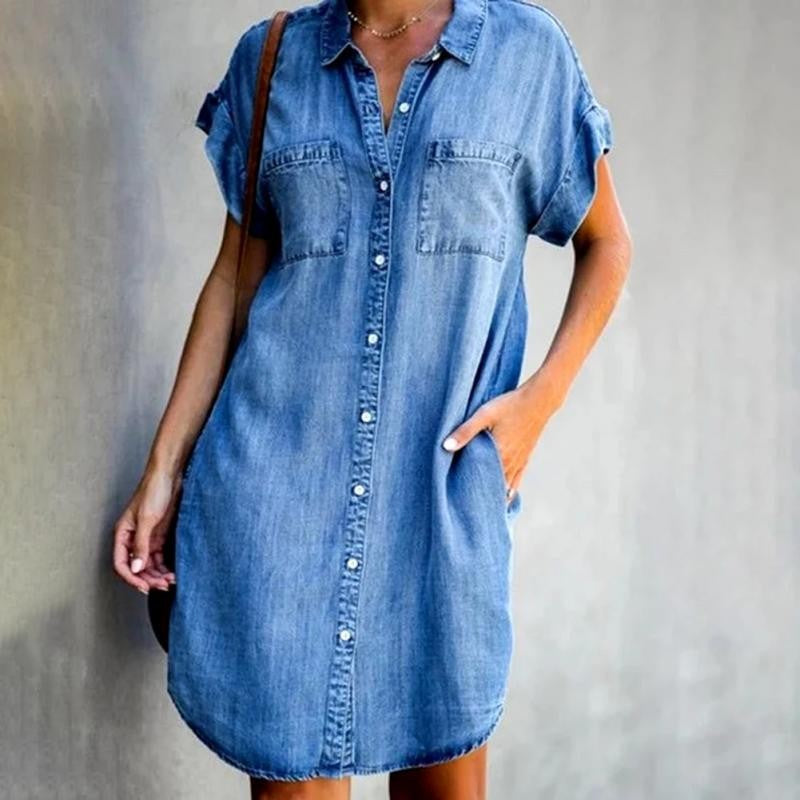 Robe chemise en jean slim à manches à revers pour femmes