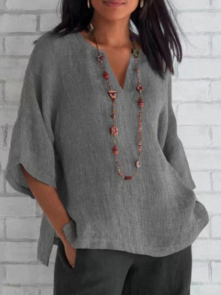 Women's Sleeves Cotton Linen Solid Color Loose Blouses