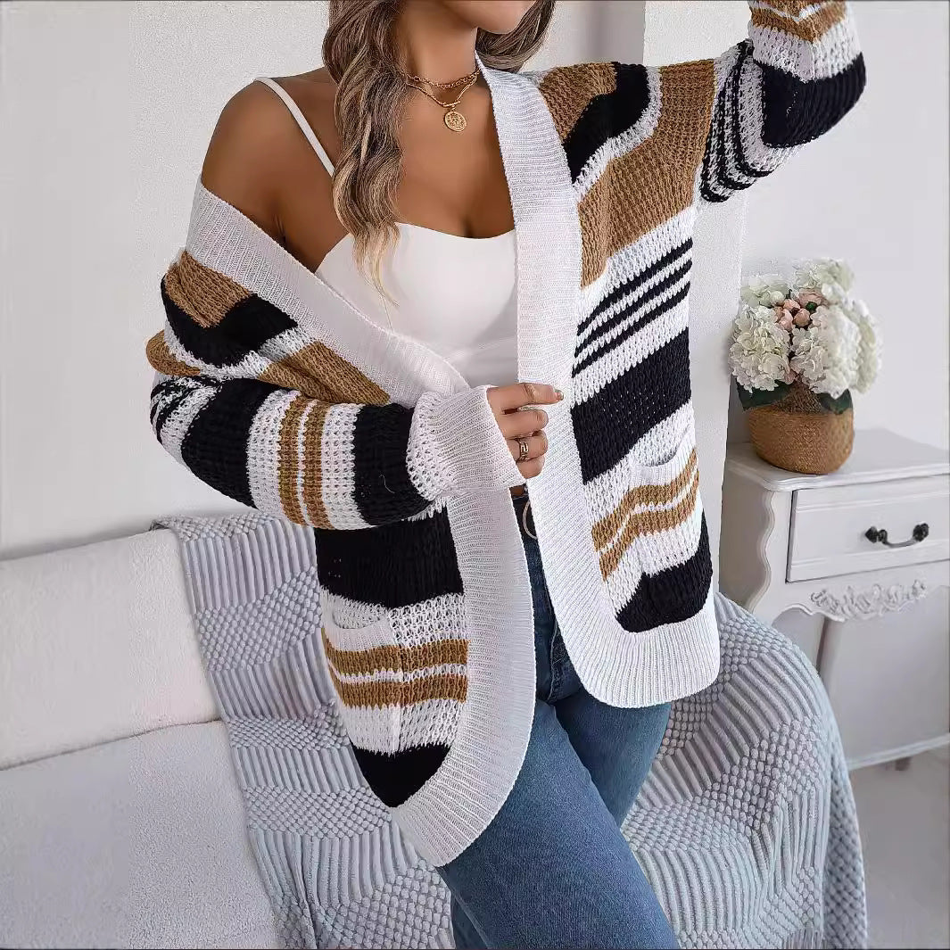 Women's Casual Contrast Color Striped Pocket Long Clothing