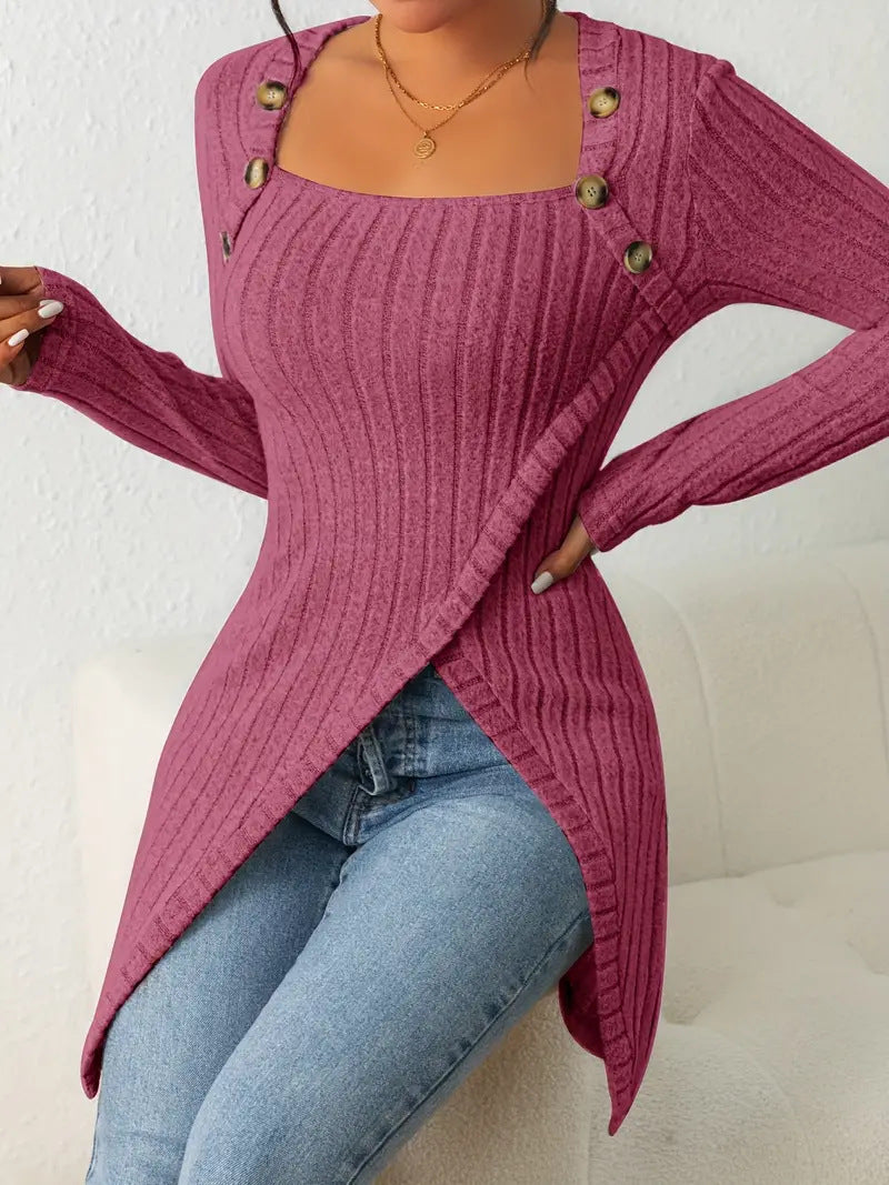 Women's Long Sleeve Knitted Square Collar Irregular Knitwear