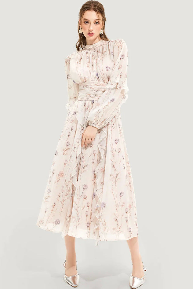 Fashion Chiffon Printed Ruffled Temperament Long Dresses