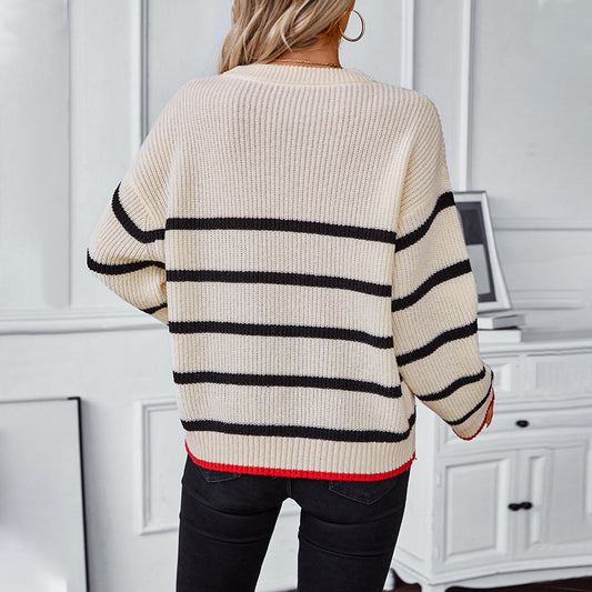 Women's Contrast Color Striped Pullover Casual Long-sleeved Sweaters