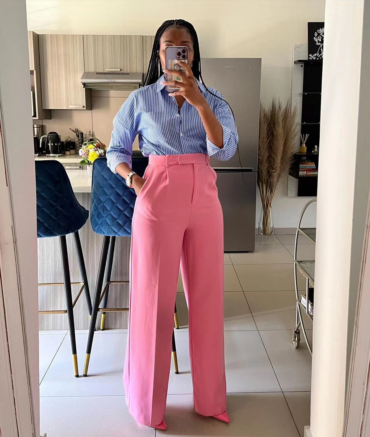 Women's Waist Straight Wide Leg Casual Trousers Pants