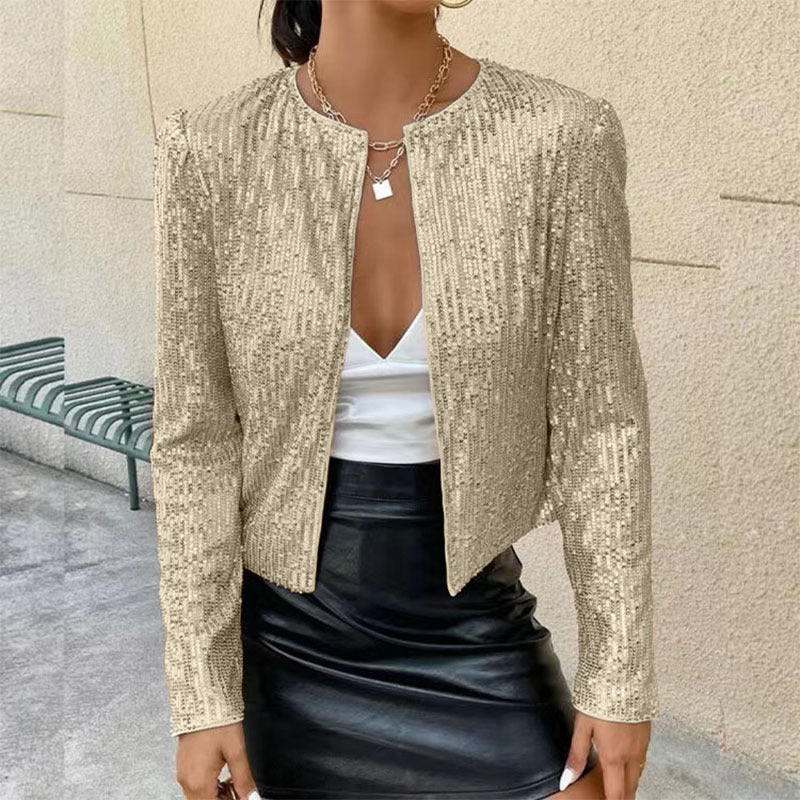 Women's Fashion Stand Collar Color Matching Sequins Knitwear