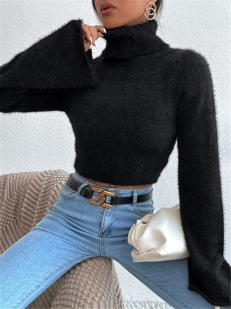 Classic High Neck Exposed Navel Plush Sweaters