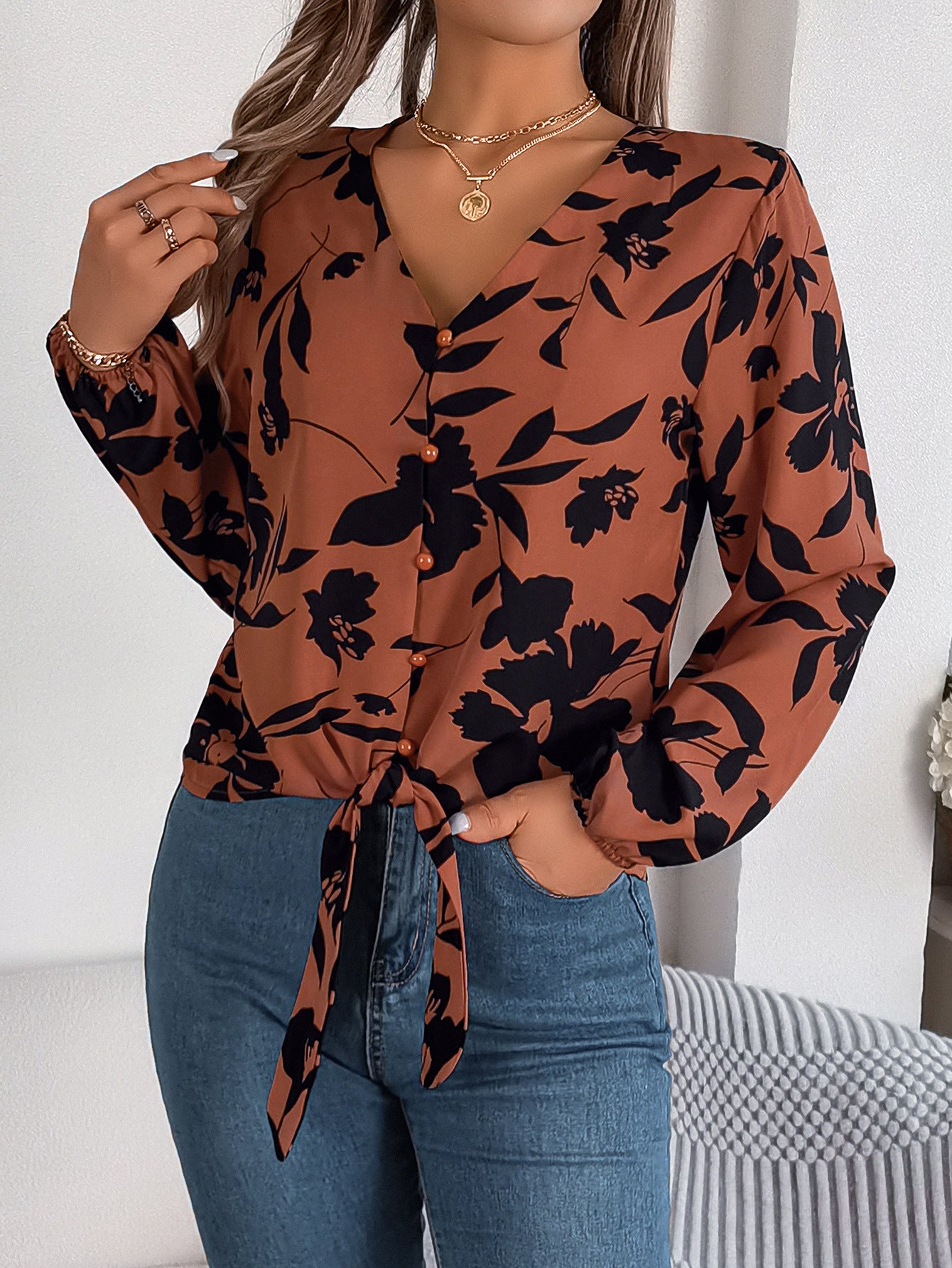 Women's Casual Contrast Color Flower Lantern Sleeve Blouses