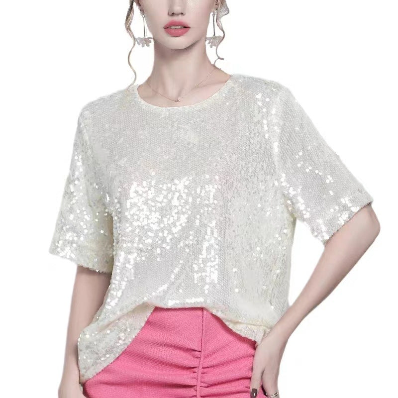 Women's Sleeve Solid Color Sequin Sequined T-shirt Knitwear