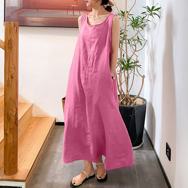 Women's Summer Long Strap Cotton Linen Simplicity Style Loose Pockets Dresses