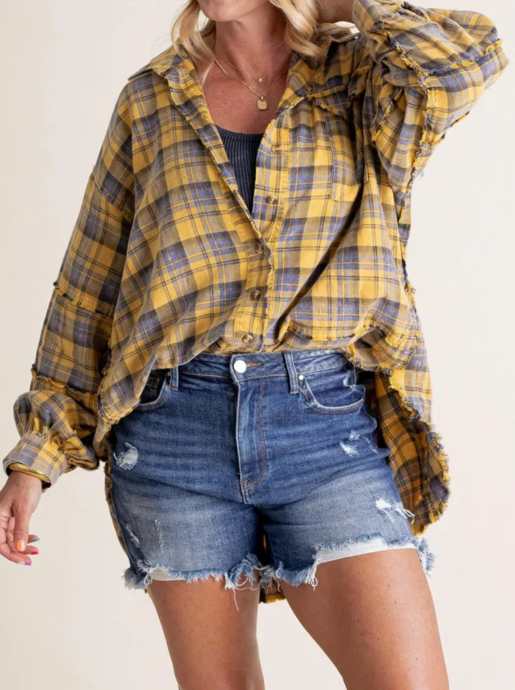 Women's Autumn Fashion Tassel Loose Casual Plaid Blouses