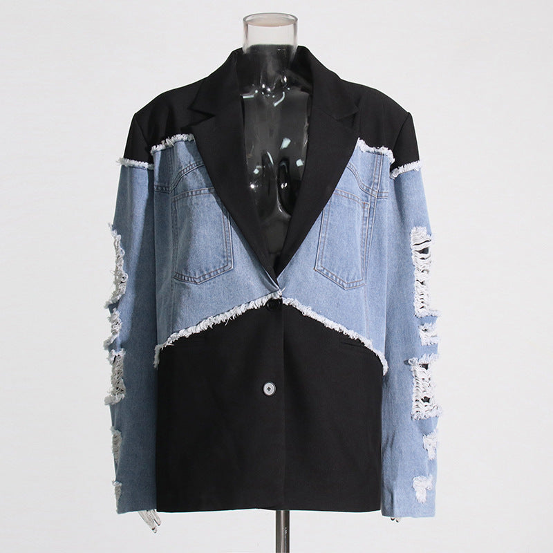 Women's Retro Trendy Denim Splicing Autumn Design Loose Blazers