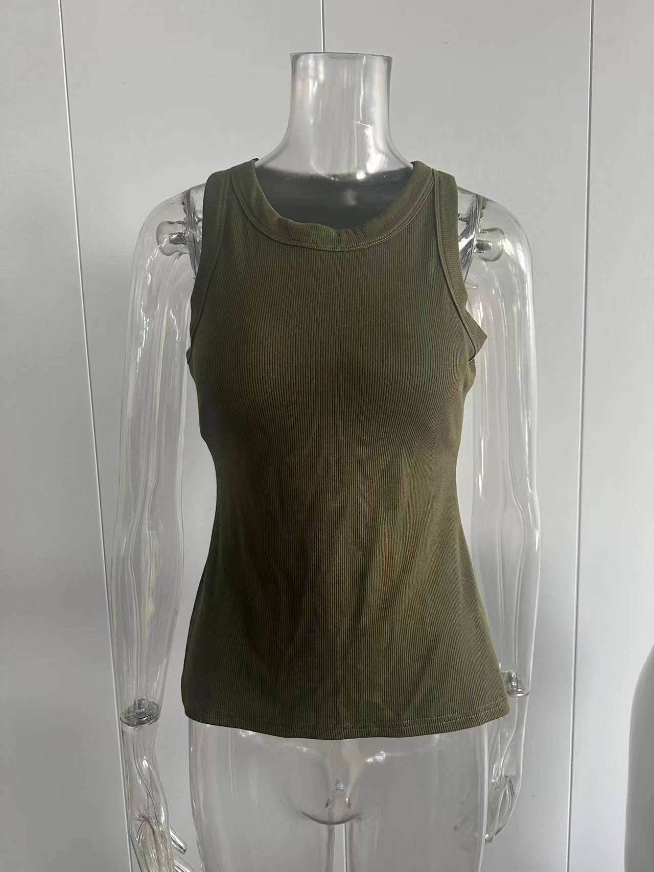 With Bra Round Neck Solid Color Tops