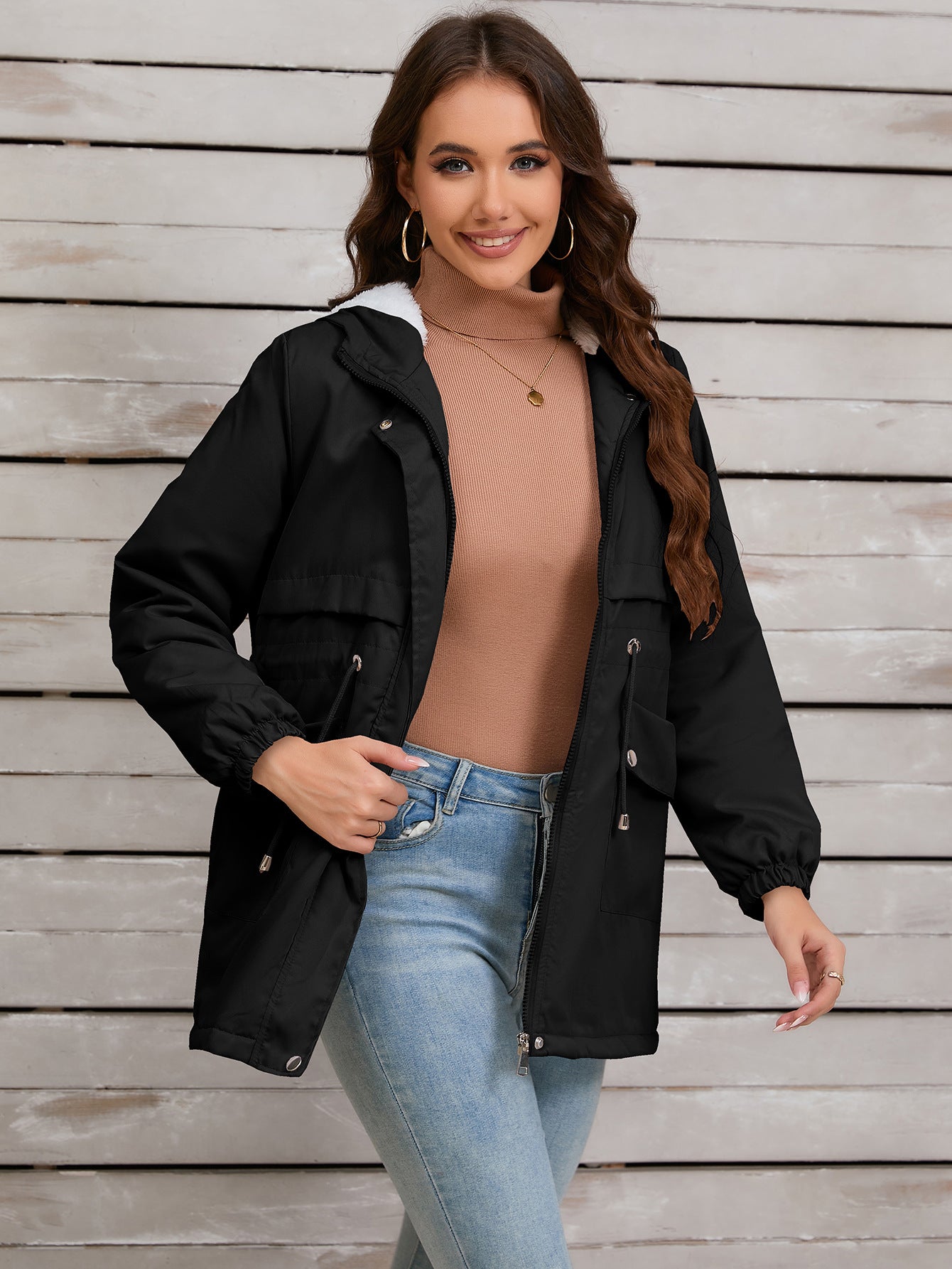 Women's Fur Liner Hooded Zipper Warm Thick Jackets