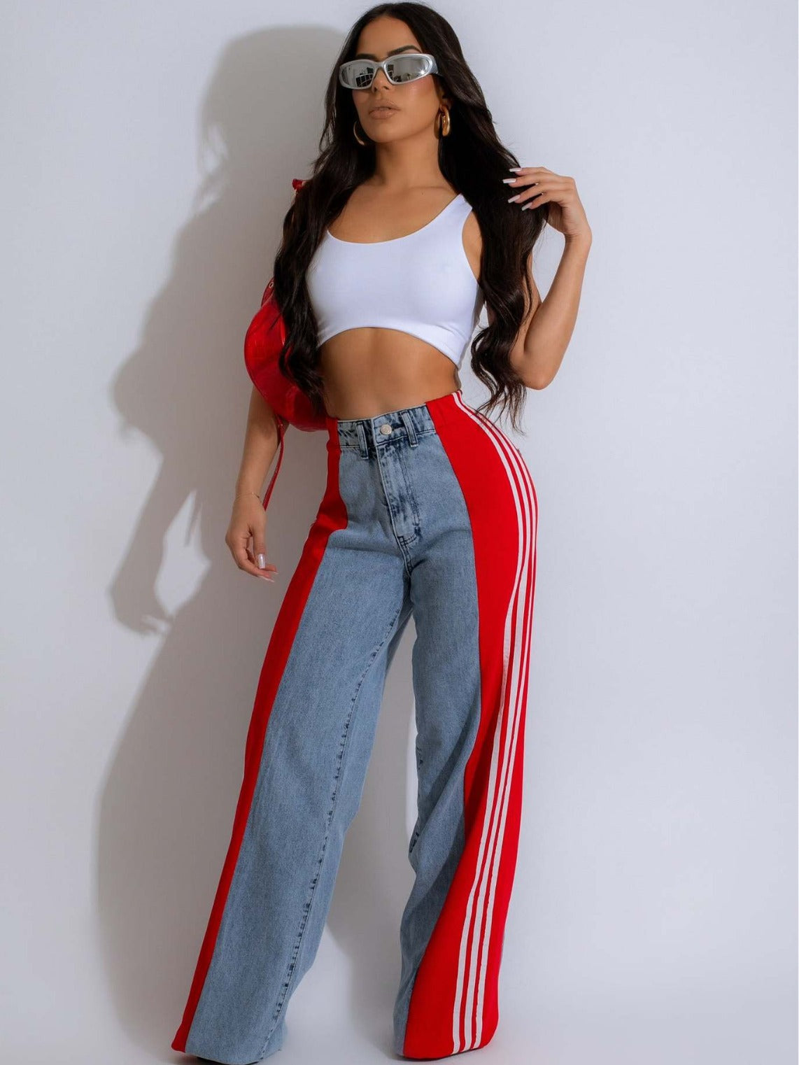 Women's Summer Fashion Stitching Three Striped Wide Leg Jeans