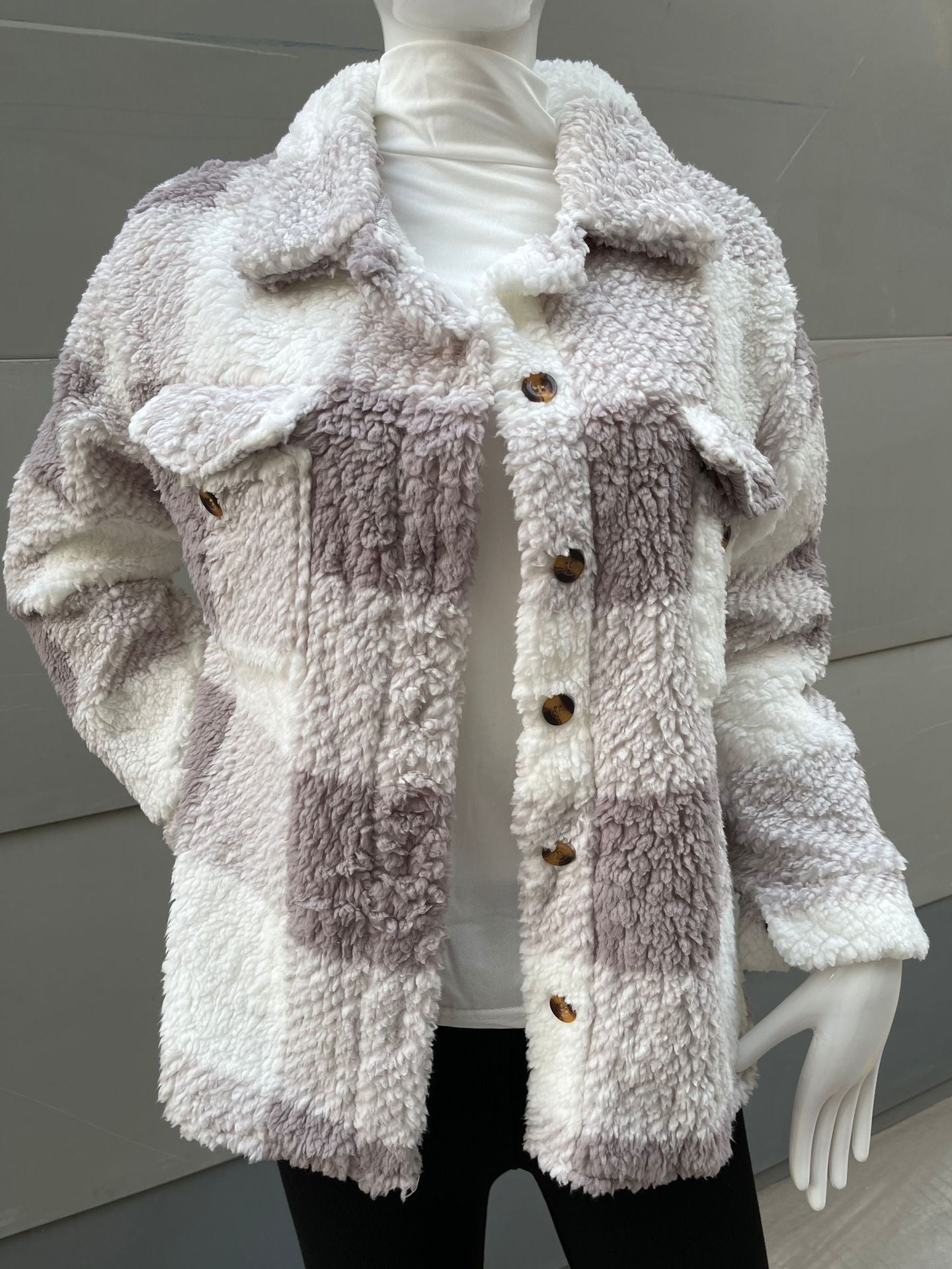 Women's Long Sleeve Double Pocket Plaid Furry Coats