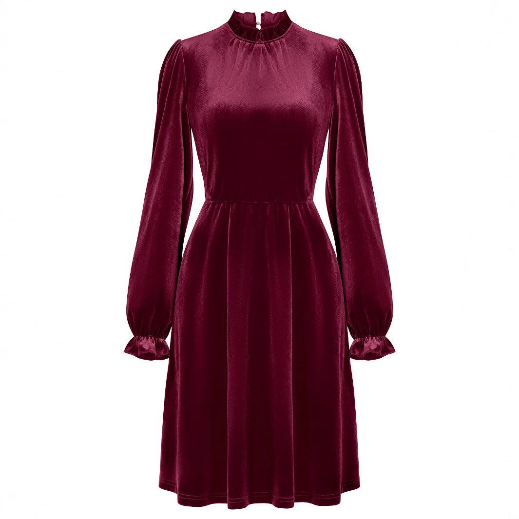 Women's Winter Casual Turtleneck Veet Solid Color Waist Dresses