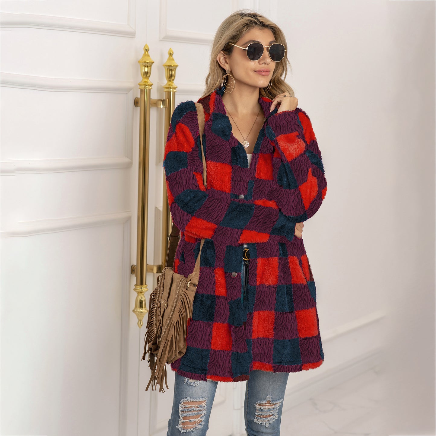 Women's Quantity Discounts Plush Plaid Long Coats