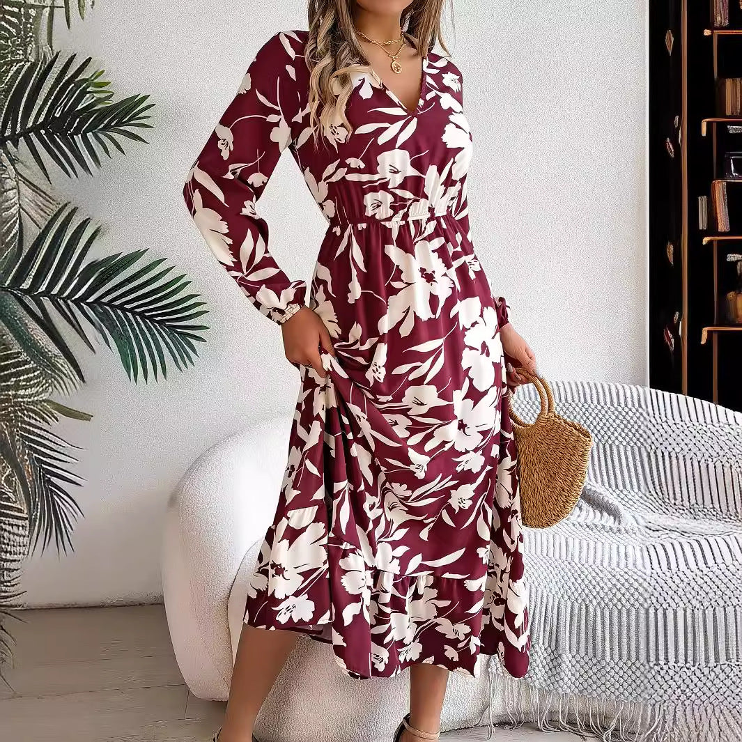 Women's Casual Flower Long Sleeves Ruffles Dress Clothing