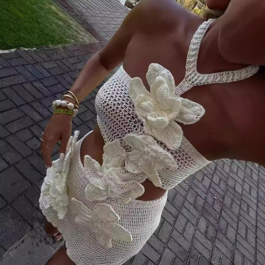 Fashion Halter Flower Cutout Vacation Style Dresses