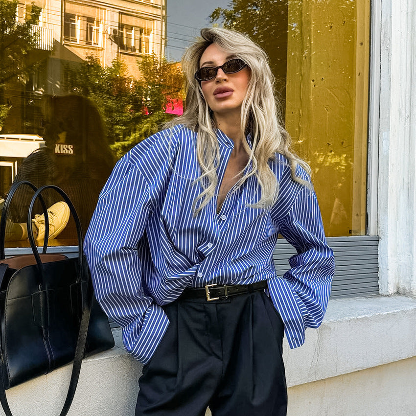 Style Blue White Striped Loose Shirt Blouses