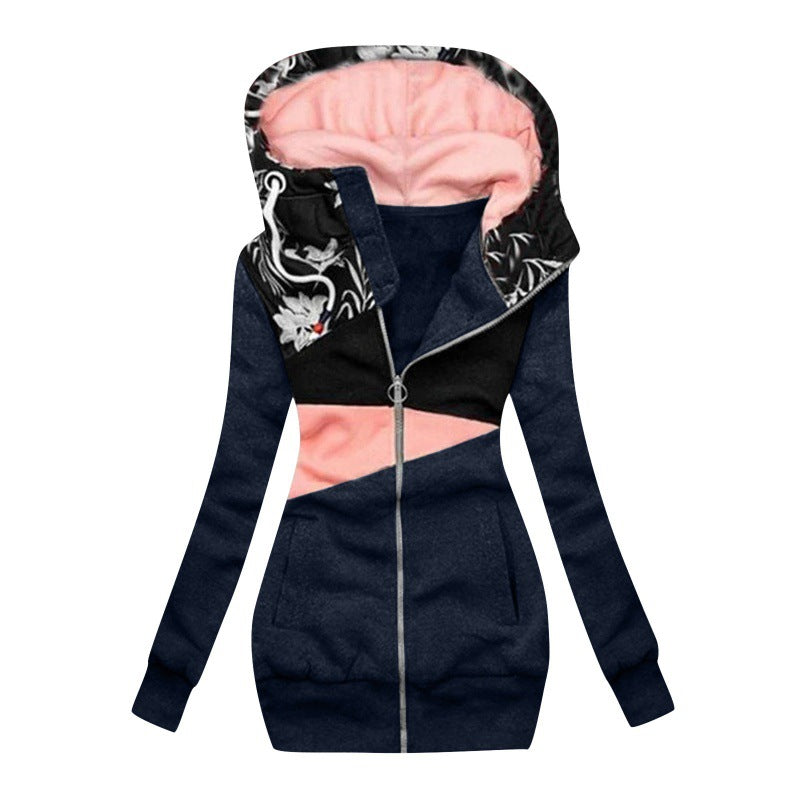 Women's Zipper Color Matching Printed Hooded Long Tops