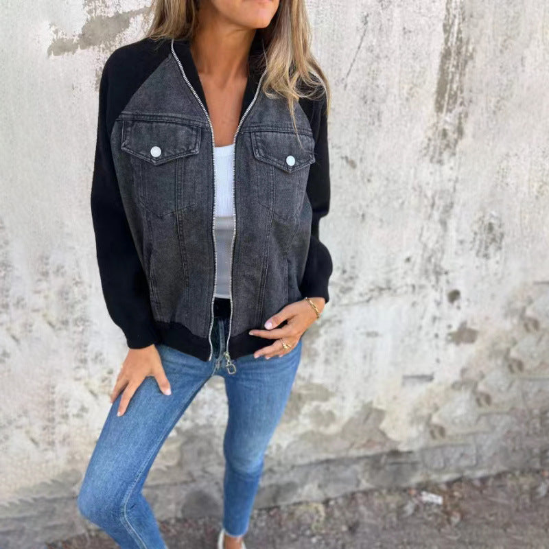 Women's Denim Stitching Casual Fashion Raglan Sleeve Jackets