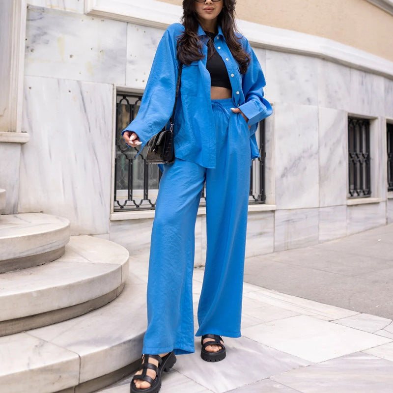 Chemise à manches longues pour femme, couleur unie, pantalon noué