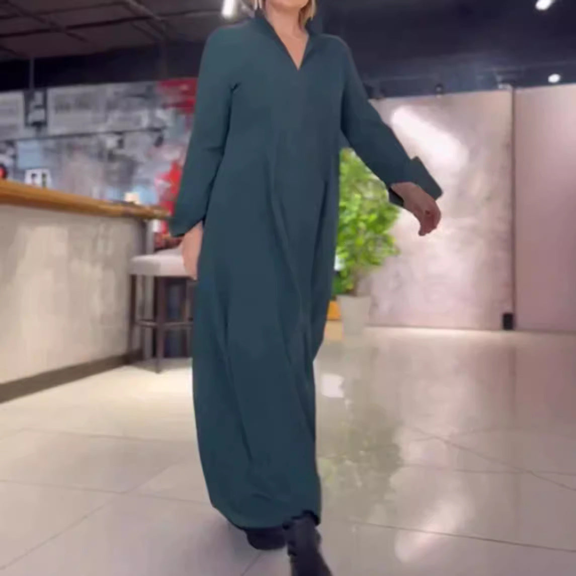 Robes décontractées à manches longues et poches pour femmes de couleur unie