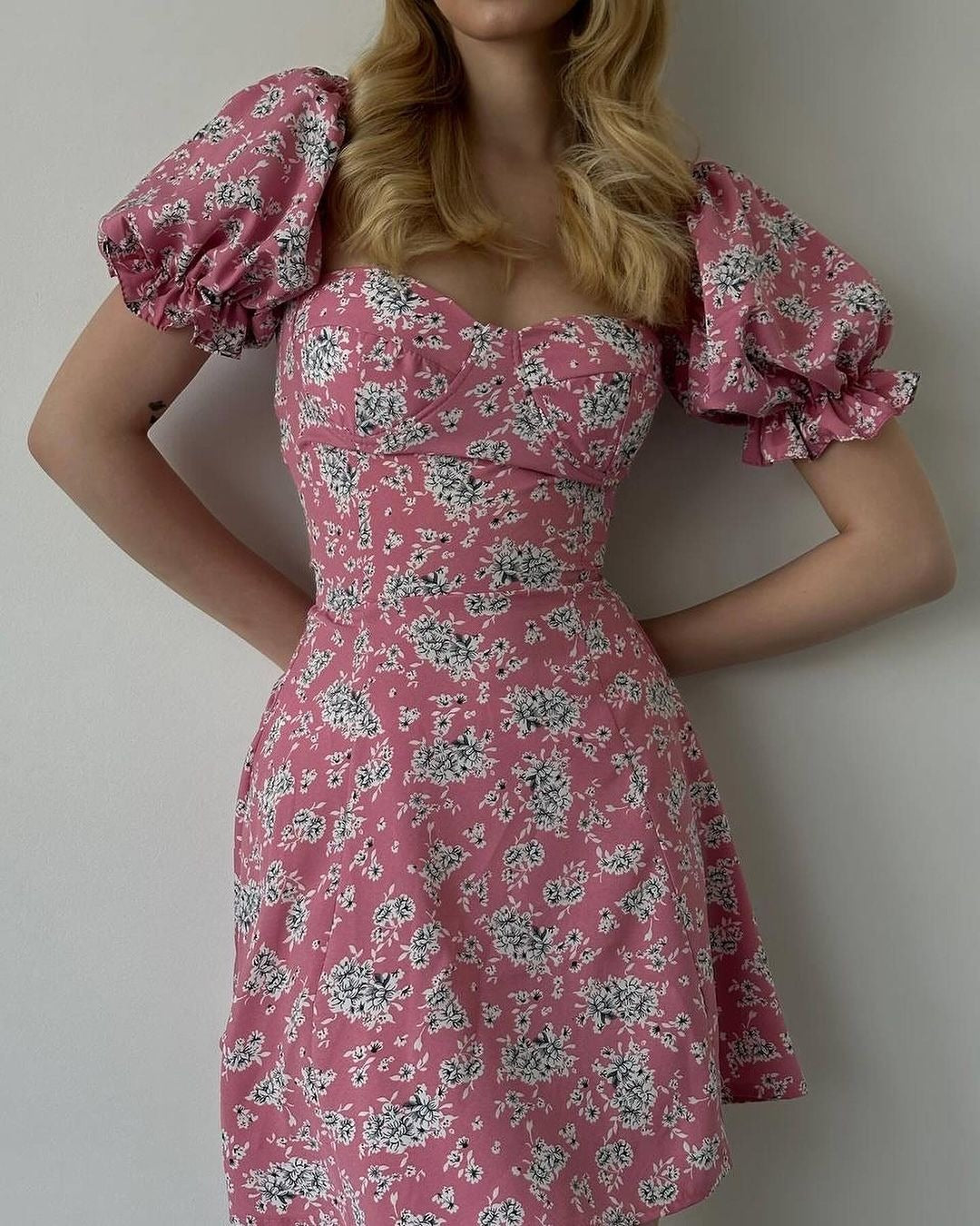 Women's Floral High Waist Puff Sleeve French Dresses