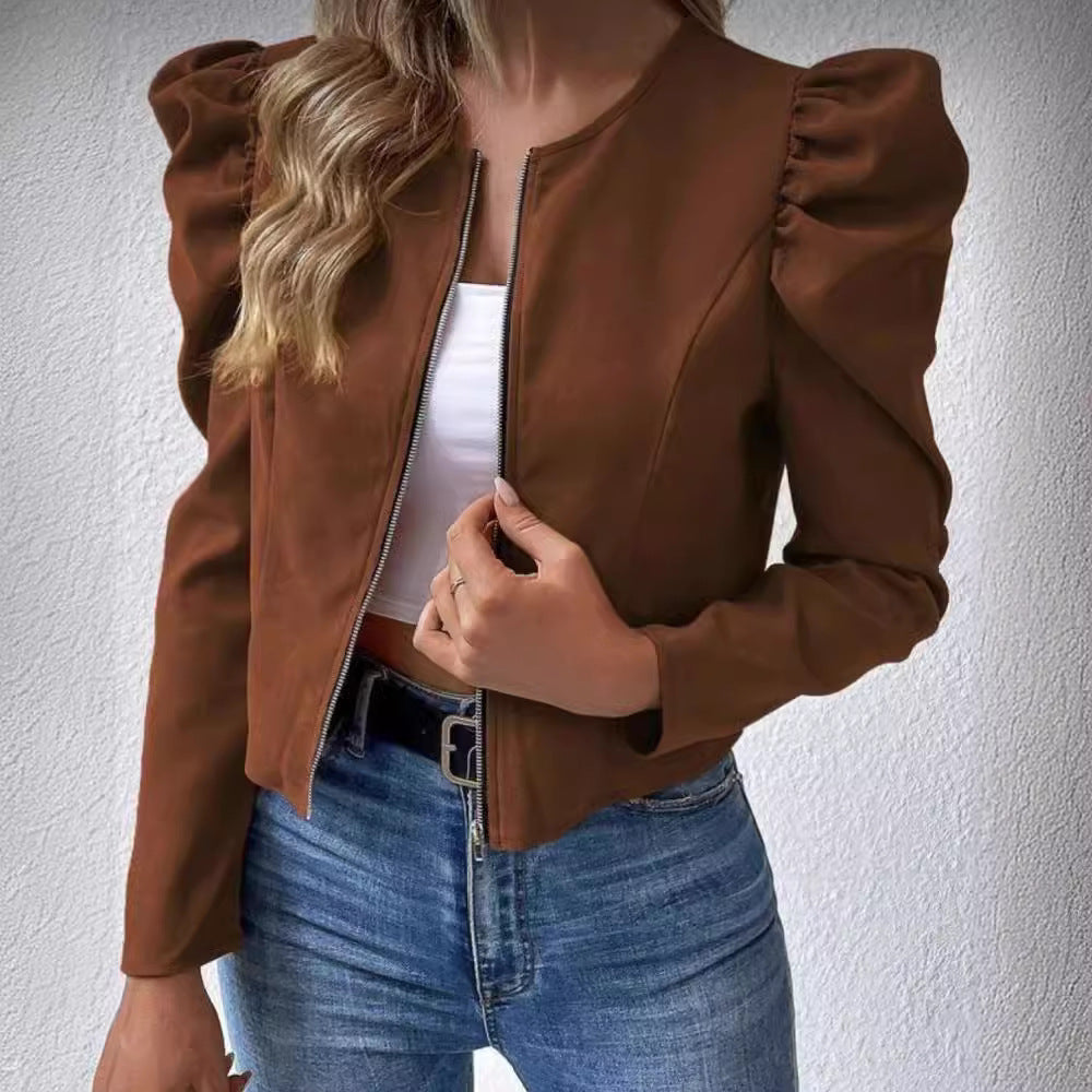 Women's Solid Color Round Neck Zipper Bubble Jackets