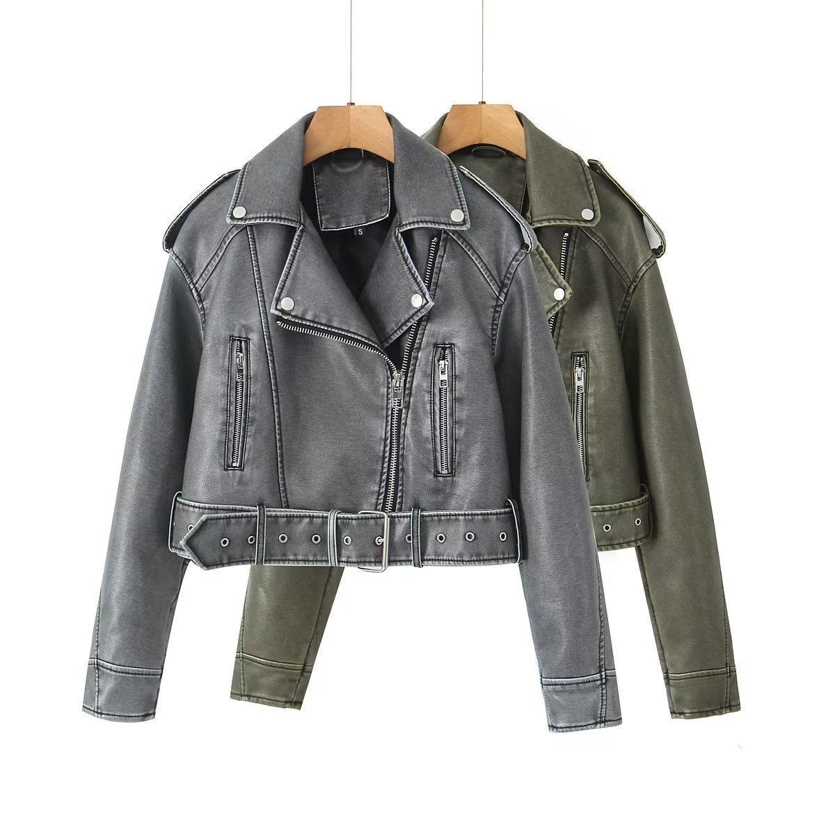 Women's Two-color Leather Distressed Lapel Baggy For Jackets