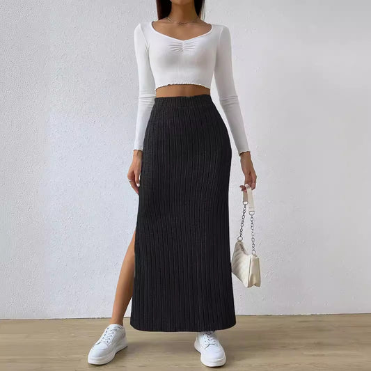 Women's High Waist Side Slit Slim Knit Skirts