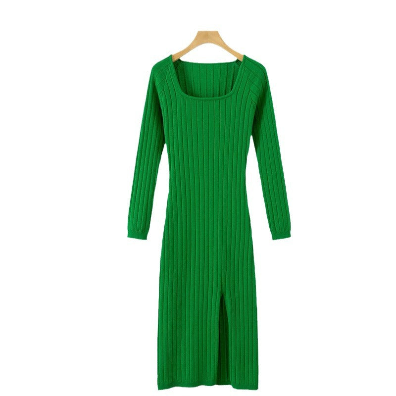 Women's Long Sleeve Crew Neck Split Knitted Dresses