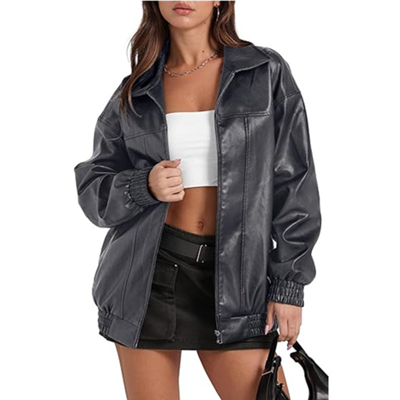 Women's Leather Long Sleeve Lapel Zipper Side Jackets