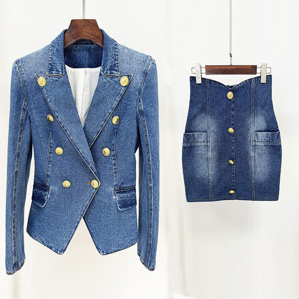 Stylish Elegant Slim Double-breasted Washed Denim Blazers